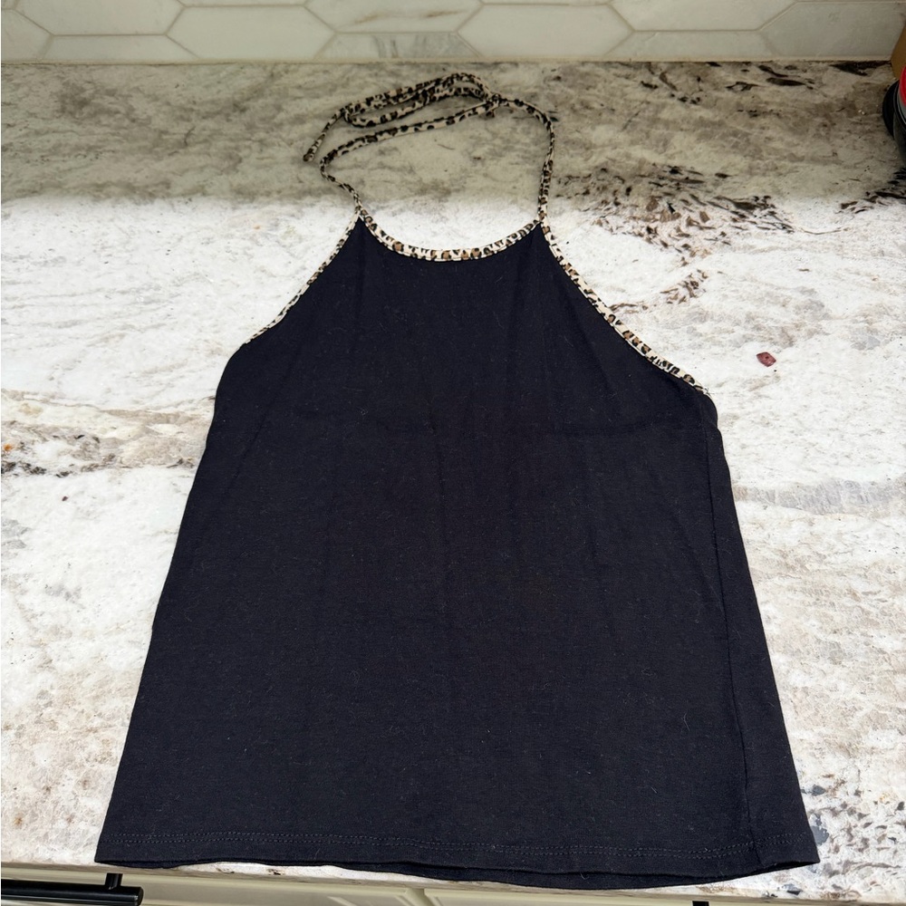American Eagle Black Halter Top with Leopard Trim